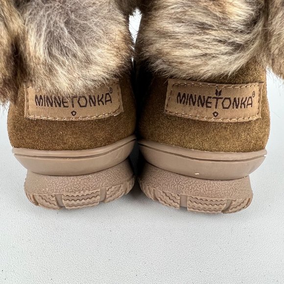 Minnetonka Somerville Womens Brown Suede Ankle Boot Faux Fur Cuff Pom Pom size 8 - Picture 5 of 13